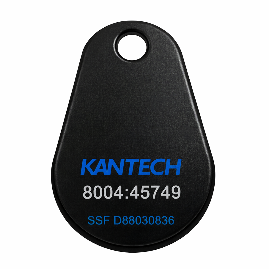 Kantech SSF Desfire fob HID clone, Kantech SSF ioSmart key fob for condo and building access control, Kantech SSF ioSmart RFID key fob with printed serial number, Back of Kantech ioSmart SSF access control key fob