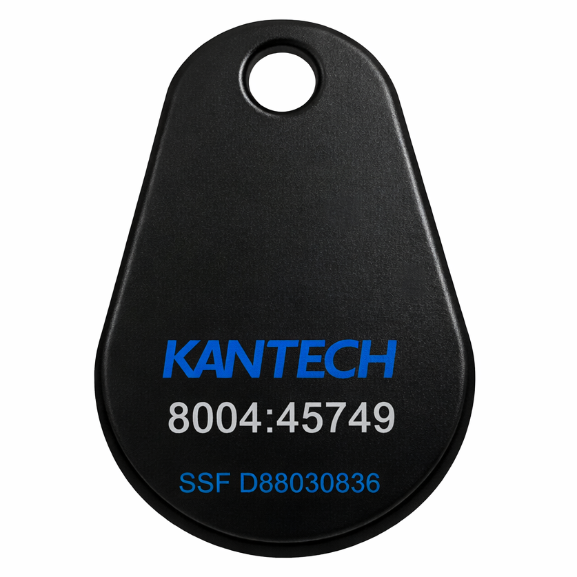 Kantech SSF Desfire fob HID clone, Kantech SSF ioSmart key fob for condo and building access control, Kantech SSF ioSmart RFID key fob with printed serial number, Back of Kantech ioSmart SSF access control key fob